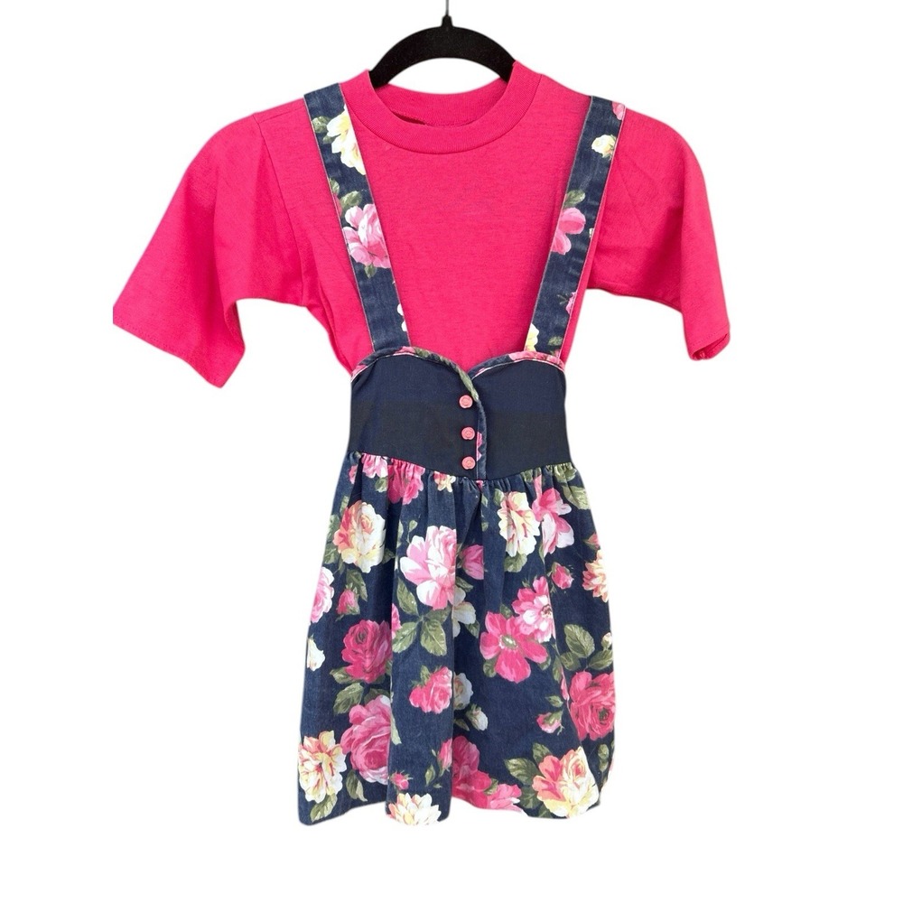 Vintage 90s‎ Floral Two Piece Girls Suspender Skirt Dress Sz 6 Stephanie Tanner